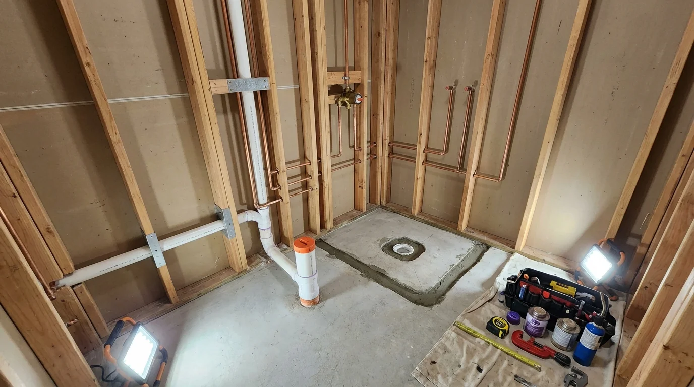 Bathroom rough-in plumbing during remodel by Johns Plumbing LLC in West Haverstraw