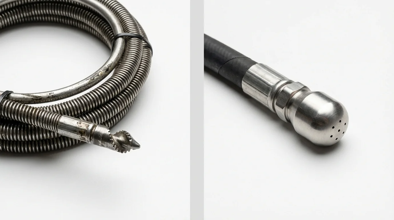 Drain snake cable and hydro jetting nozzle used for drain cleaning in West Haverstraw, NY