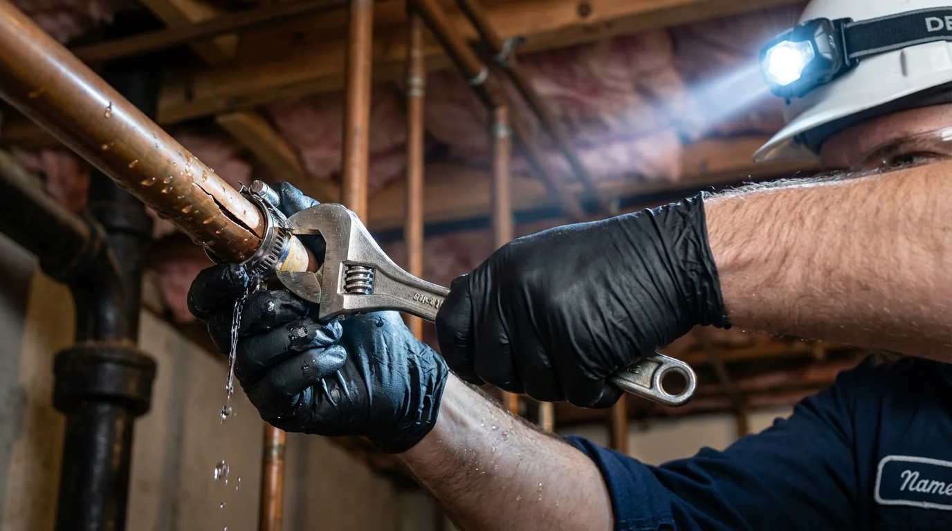 Emergency pipe clamp repair being performed by a Johns Plumbing LLC plumber in West Haverstraw