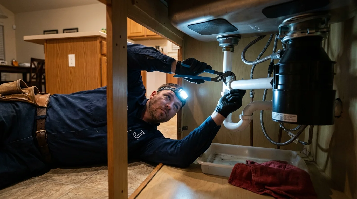 P-trap and supply line connections under a kitchen sink showing a common leak point in West Haverstraw, NY